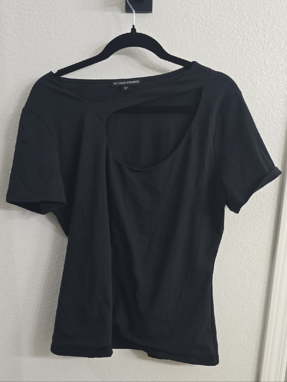 Boston Proper Black Short Sleeve Asymmetric Cutout Tee